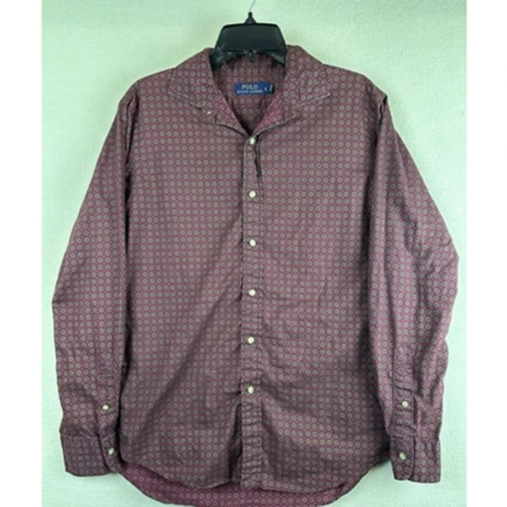 Polo Ralph Lauren Button Down Shirt Mens L Maroon Red Geometric Print Long Sleev